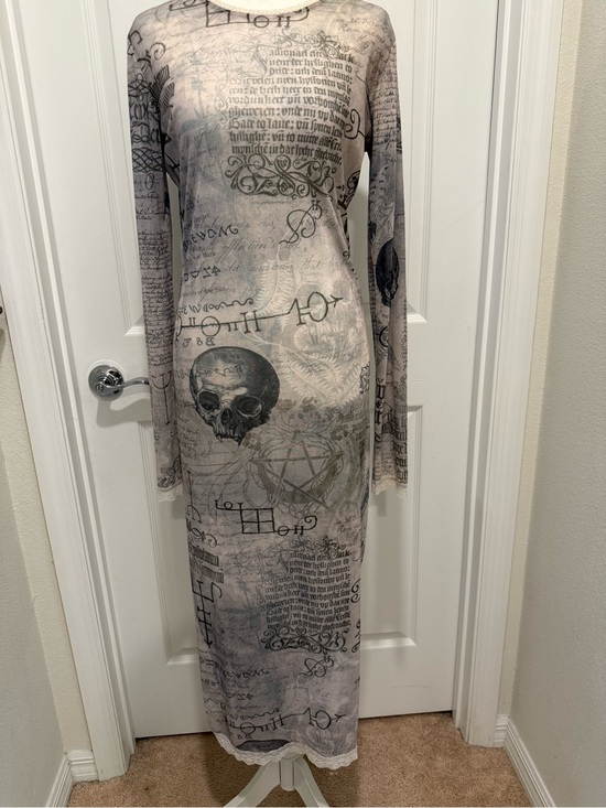 Dolls Kill Dresses & Skirts - Gray Script & Skull Long Sleeve Sheer Maxi Dress